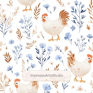 Pode incluir: Padrão em aquarela com galinhas brancas, cristas e penas da cauda laranja, rodeadas por flores azuis e folhagens marrons sobre um fundo branco. O texto "ImpressioArtisStudio" é exibido em uma faixa.
