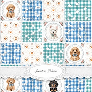 May include: A seamless pattern featuring a grid of squares with illustrations of various dog breeds, blue and white gingham checks, white bones, orange paw prints, and white stars, all accented with small pink roses and lace-like borders.