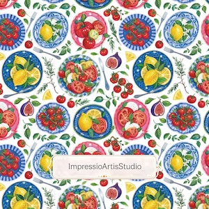 Könnte beinhalten: Ein sich wiederholendes Muster mit Illustrationen von blauen und rosa Tellern mit Tomaten, Zitronen und Mozzarella, durchsetzt mit einzelnen Feigen, Tomatenrispen, Rosmarinzweigen und Gabeln, mit dem Text ImpressioArtisStudio in der Mitte.