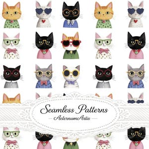 Pode incluir: Um padrão repetitivo de gatos ilustrados usando vários óculos coloridos, gravatas-borboleta e camisas. Os gatos são retratados em preto, branco, laranja e cinza. Uma etiqueta decorativa branca exibe o texto Seamless Patterns AeternumArtis.