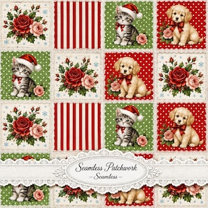 Nahtloses Weihnachtliches Patchworkmuster, niedliches Kätzchen- und Welpenmotiv, Digitalpapier, weihnachtlicher Quiltstoffdruck, rot-grünes Weihnachtsmuster (3600 x 3600 Pixel, 300 DP)