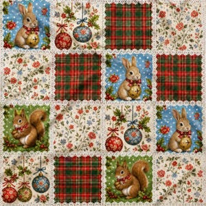 May include: A patchwork fabric featuring a repeating grid of squares with illustrations of brown rabbits and squirrels holding gold ornaments, red and green plaid patterns, and floral motifs, all separated by white lace-style borders.