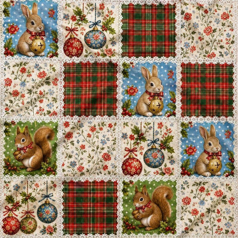 May include: A patchwork fabric featuring a repeating grid of squares with illustrations of brown rabbits and squirrels holding gold ornaments, red and green plaid patterns, and floral motifs, all separated by white lace-style borders.