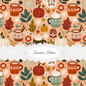 Fall Coffee Seamless Pattern, Pumpkin Floral Digital Paper for Autumn Fabric, Wallpaper and Gift Wrap