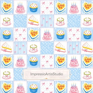 May include: A repeating pattern fabric featuring illustrations of heart-shaped cakes, round cakes with candles, cupcakes, and cake slices on a light blue background with white hearts, stripes, and pink bows. The text ImpressioArtisStudio is visible.