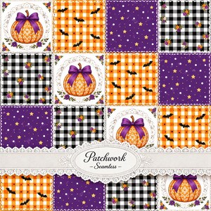 May include: A seamless patchwork pattern featuring repeating squares of orange and white gingham with black bats, purple backgrounds with yellow stars and white dots, black and white buffalo check with floral accents, and orange pumpkins with purple bows.