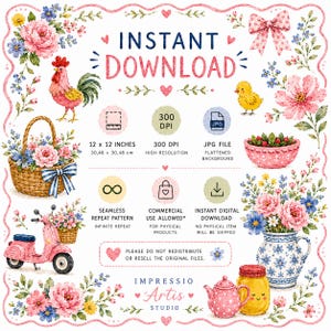May include: A digital graphic featuring watercolor illustrations of a rooster, a chick, a pink scooter, a flower basket, and floral arrangements. Text includes INSTANT DOWNLOAD, 12 x 12 INCHES, 300 DPI, JPG FILE, SEAMLESS REPEAT PATTERN, and COMMERCIAL USE ALLOWED.