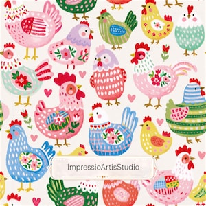 Puede incluir: Patrón repetitivo de gallinas coloridas y caprichosas en varias poses y diseños. Las gallinas son en tonos de rosa, azul, amarillo y verde, con crestas rojas y detalles. Pequeños corazones y elementos florales salpican el diseño.