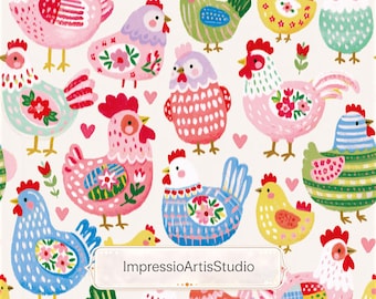 Pastel Chicken Seamless Pattern, Folk Art Hen Print, Cute Farmhouse Chicken Repeat Pattern, Colorful Rooster Digital Paper, Country Cottage