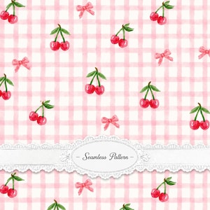 Pink Cherry Gingham Seamless Pattern JPG | Watercolor Checkered Digital Paper | Coquette Fabric Print | 3600x3600 300 DPI