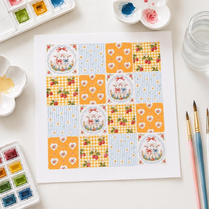 Puede incluir: Una l&aacute;mina de arte cuadrada con una cuadr&iacute;cula de diecis&eacute;is cuadrados estampados. El dise&ntilde;o incluye ilustraciones de parejas de corderos con lazos, cuadros vichy amarillos y blancos con fresas, rayas azules y blancas con margaritas y corazones.