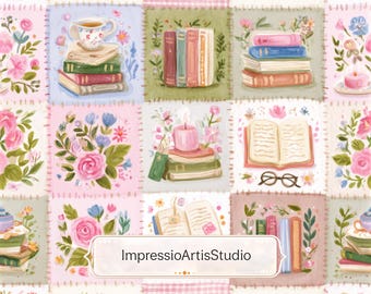 Digitaal papier met naadloos patroon | Aquarelpatroon van boeken en bloemen | Printbaar scrapbookpapier | Dagboekpapier met bloemen in cottagecore-stijl