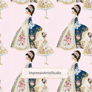 May include: A repeating pattern featuring illustrations of women in ornate, historical gowns. The dresses are primarily white and navy blue, adorned with pink roses and gold accents. The background is a soft pink. The text "ImpressioArtisStudio" is present.