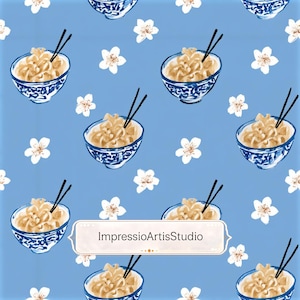 May include: A repeating pattern on a light blue background features bowls of noodles with chopsticks, white flowers, and the text "ImpressioArtisStudio". The bowls have a blue and white design.