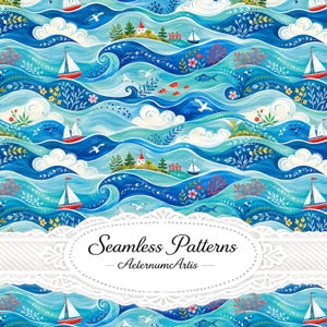 Könnte beinhalten: Ein nahtloses Muster mit stilisierten blauen Meereswellen, weißen Segelbooten mit roten Rümpfen, kleinen Inseln mit Häusern, Möwen, Korallen und floralen Elementen. Ein weißer ovaler Rahmen in der Mitte zeigt den Text Seamless Patterns AeternumArtis.