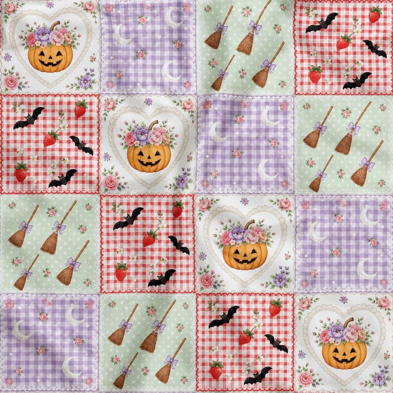 Op de afbeelding: Een stofpatroon met een raster van vierkanten met herhalende motieven, waaronder met bloemen gevulde pompoenen in harten, rood-wit gingham met vleermuizen en aardbeien, paars gingham met manen en bezems.