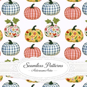 Pode incluir: Um padrão repetitivo de abóboras sobre um fundo branco. O design apresenta abóboras com xadrez azul, abóboras com xadrez laranja e abóboras amarelas decoradas com motivos florais coloridos, folhas verdes e pássaros. O texto diz Seamless Patterns AeternumArtis.