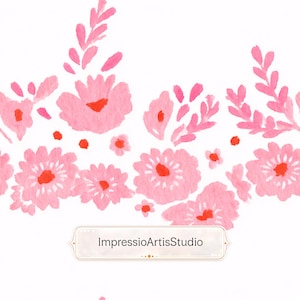 May include: Watercolor floral pattern featuring pink flowers with red centers and pink leaves on a white background. The design includes various sizes of flowers and leaves. The text "ImpressioArtisStudio" is in a rectangular frame.