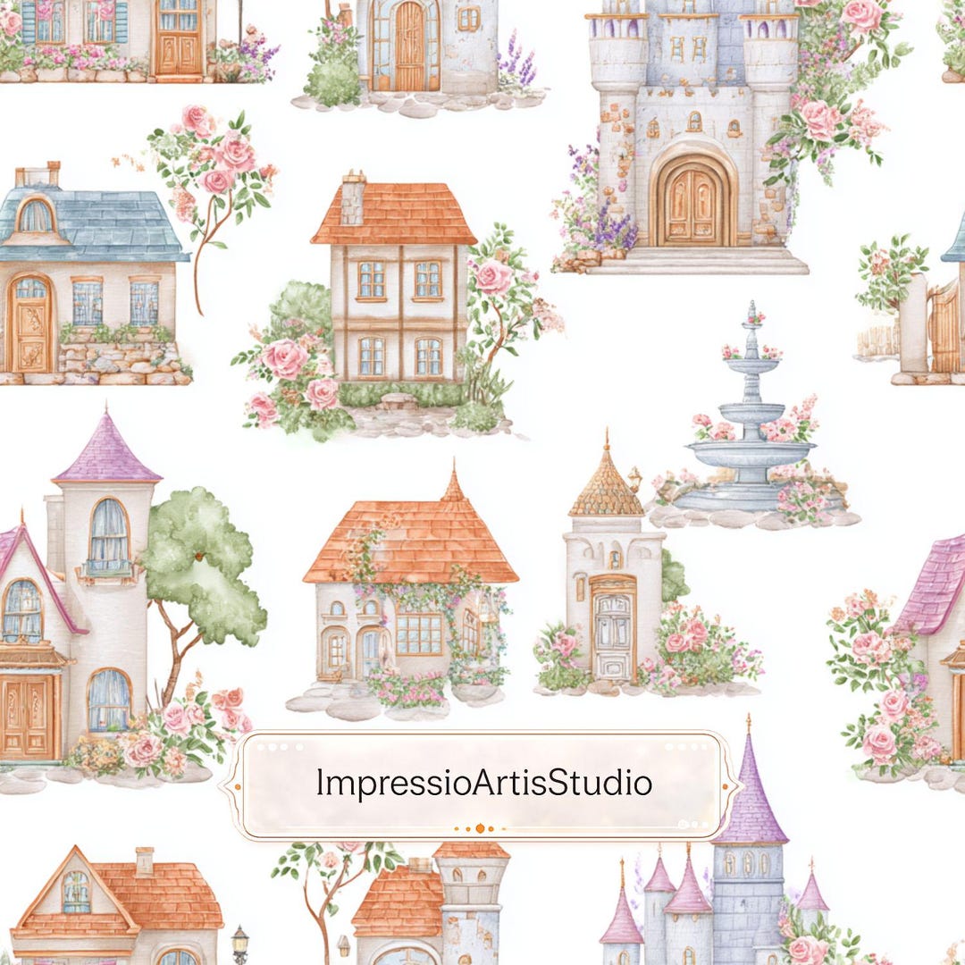 Fairytale Castle Seamless Pattern, Cottage Village Digital Paper ...