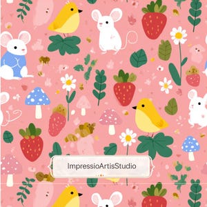 Pode incluir: Padrão repetitivo com pássaros de desenho animado, ratos, morangos, cogumelos e flores em um fundo rosa. O design inclui o texto "ImpressioArtisStudio" em uma faixa branca.