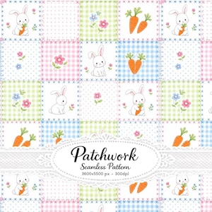 Bunny Patchwork Seamless Pattern, Easter Rabbit Quilt Fabric, Cottagecore Nursery Digital Paper