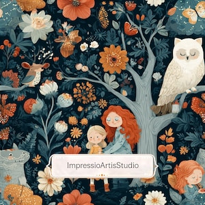 Puede incluir: Ilustración caprichosa con un fondo azul oscuro adornado con flores naranjas, blancas y turquesas, mariposas y un ciervo. Un gran búho blanco posa en una rama. Dos niñas están en el centro. El texto "ImpressioArtisStudio" está en una pancarta blanca.
