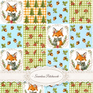 Woodland Fox Seamless Patchwork Pattern, Cottagecore Forest Digital Paper, Rustic Fox Fabric Print, Quilt Squares, 3600x3600 300 DPI