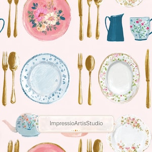 May include: A repeating pattern of watercolor-style tableware on a light pink background. The design includes pink and blue plates, gold cutlery, and a blue pitcher and teacup. The plates feature floral designs. The text "ImpressioArtisStudio" is also present.