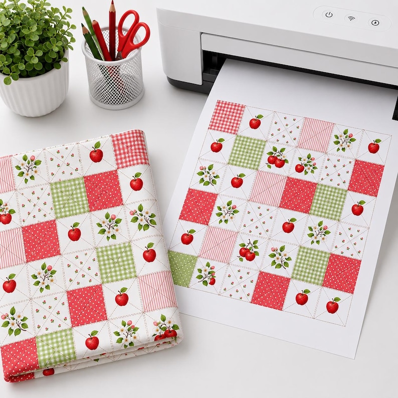 Puede incluir: Un cuadrado de tela doblado y una hoja de papel impresa, ambos con un patr&oacute;n de patchwork repetitivo de manzanas rojas, cuadros vichy verdes y motivos florales. El dise&ntilde;o consiste en cuadrados alternos en rojo, verde y blanco con manzanas.
