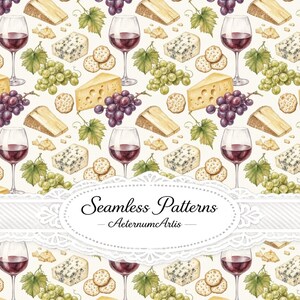 May include: A seamless pattern featuring watercolor illustrations of red wine in glasses, green and purple grapes, various cheese wedges, and round crackers on a cream background. A white lace-edged label displays the text Seamless Patterns AeternumArtis.