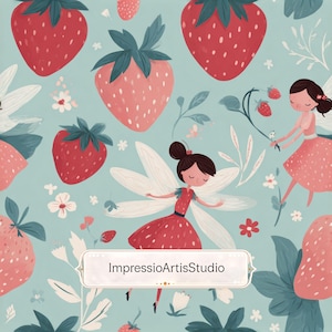 Puede incluir: Ilustración caprichosa con fondo azul claro, con grandes fresas rojas y flores blancas. Se representan dos hadas con vestidos rojos y alas blancas. El texto "ImpressioArtisStudio" es visible.
