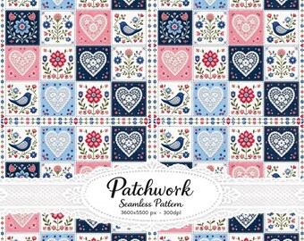 Patrón sin costuras de patchwork de corazones de arte popular, tela de patchwork de pájaros escandinavos, papel digital de corazones de encaje, diseño textil cottagecore