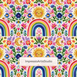 Pode incluir: Um padrão vibrante e repetitivo com arco-íris, sóis sorrindo, luas crescentes e flores coloridas. O design inclui morangos, abelhas e corações, tudo em um fundo branco. O texto "ImpressioArtisStudio" é exibido.