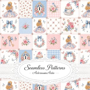 Pode incluir: Um design de tecido digital com uma grade repetitiva de quadrados com ilustrações de figuras loiras em vestidos, rosas cor-de-rosa, laços azuis, cupcakes, chaves e borboletas em uma paleta de cores suaves de rosa pastel, azul e branco.