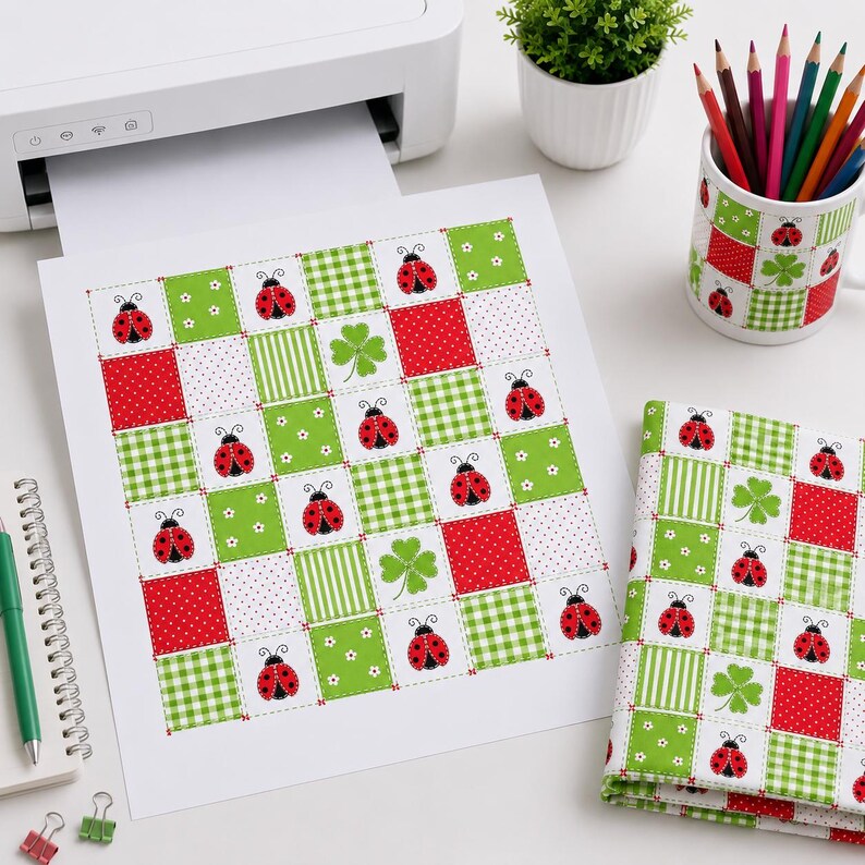 May include: A printed sheet and a matching fabric piece featuring a grid pattern of red and green squares. The design includes ladybugs, white flowers, green clovers, and various patterns like gingham, polka dots, and stripes in red and green.
