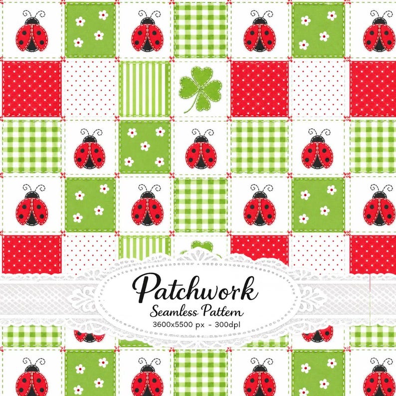 May include: A seamless patchwork pattern featuring alternating squares of red ladybugs, green gingham, white flowers on green, and red polka dots. A central white lace oval contains the text Patchwork Seamless Pattern 3600x5500 px - 300dpl.