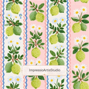 Pode incluir: Padrão repetitivo com limões verdes e amarelos, margaridas brancas e flores azuis sobre um fundo rosa e creme. O design inclui listras verticais com uma borda ondulada azul e rosa. O texto "ImpressioArtisStudio" está presente.