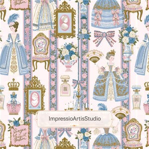 Op de afbeelding: Een herhalend patroon met illustraties van Rococo-jurken, portretten, stoelen en bloemstukken in blauw, roze en goud. De teksten "Giorgia Guizet Gosm" en "ImpressioArtisStudio" zijn zichtbaar.