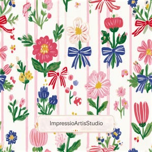 Pode incluir: Um padrão floral com várias flores, laços e folhas em tons de rosa, vermelho, azul e amarelo, sobre um fundo branco com listras rosa verticais. O texto "ImpressioArtisStudio" está presente.