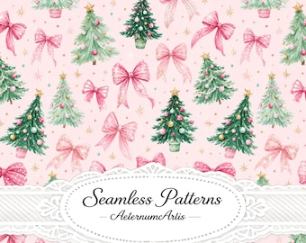 Peut inclure: Un motif répétitif composé d'illustrations à l'aquarelle de sapins de Noël verts décorés d'ornements et d'étoiles dorées, entremêlés de nœuds roses et d'éclats dorés sur fond rose clair. Le texte indique Seamless Patterns AeternumArtis.