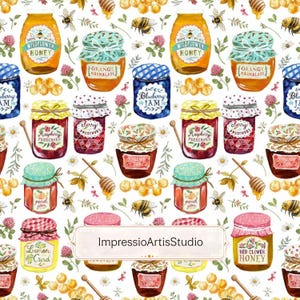 May include: A repeating pattern of various jam jars, honey jars, and marmalade jars with floral and bee illustrations. Jars are labeled with text such as "Wildflower Honey", "Orange Marmalade", and "Raspberry Preserves". The image includes the text "ImpressioArtisStudio".