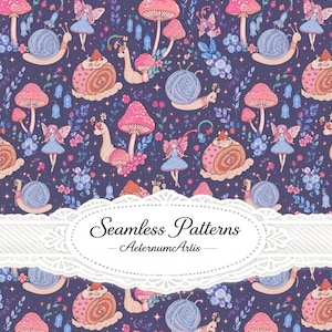 Può includere: Un motivo continuo con illustrazioni di fate, lumache con gusci di gomitoli, funghi rosa e torte con fragole su sfondo viola scuro. Un'etichetta bianca con bordo in pizzo riporta il testo Seamless Patterns AeternumArtis.