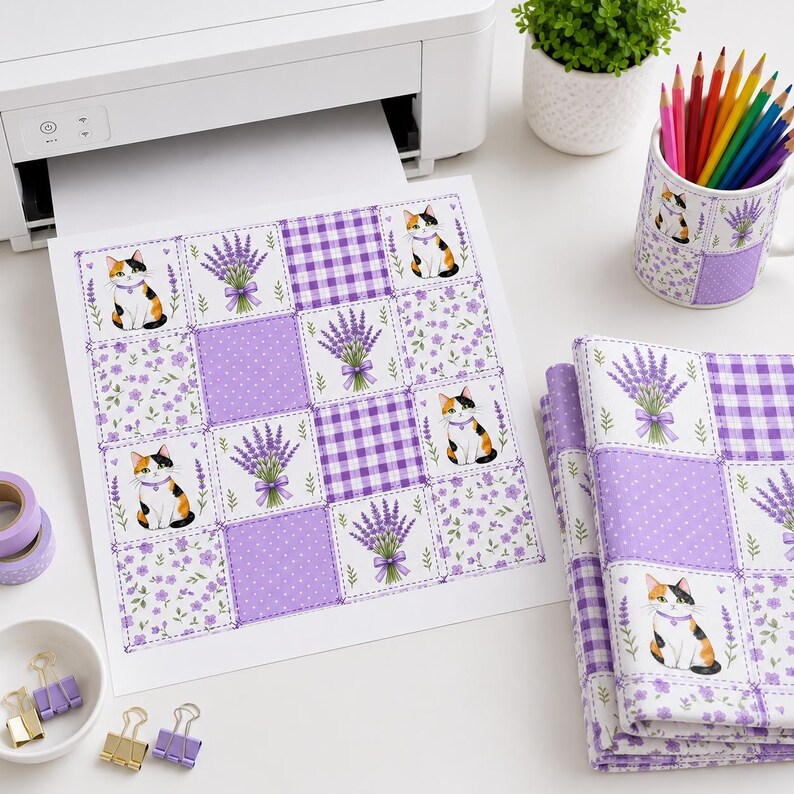 May include: A printed sheet and a folded fabric featuring a repeating patchwork pattern of calico cats, lavender bouquets, purple gingham, and small floral prints. The design includes purple and white polka dots and a soft lavender colour palette.