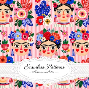 May include: A repeating pattern featuring stylized faces with floral crowns, heart-shaped cheeks, and dangling earrings against a pink and white striped background. A white decorative label overlay displays the text Seamless Patterns AeternumArtis.
