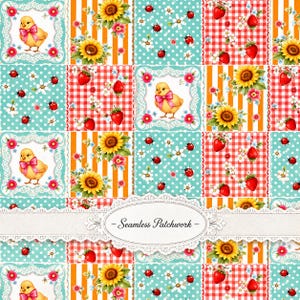 Puede incluir: Un diseño de patchwork sin costuras con cuadrados repetitivos de pollitos amarillos con lazos rosas, girasoles sobre rayas naranjas, mariquitas rojas sobre lunares turquesas y fresas rojas sobre un patrón de cuadros vichy rojo y blanco.
