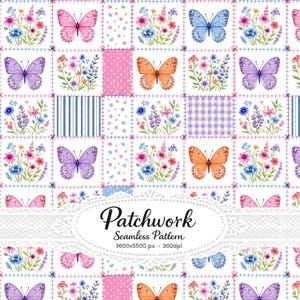 Pode incluir: Um padrão de patchwork sem costuras com blocos quadrados apresentando ilustrações em aguarela de borboletas, flores silvestres e texturas variadas como bolinhas, riscas e xadrez vichy. O texto diz Patchwork Seamless Pattern 3600x5500 px - 300dpl.