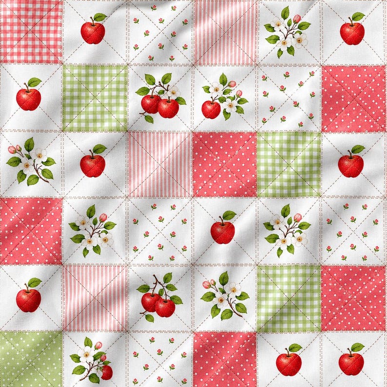 Puede incluir: Una tela acolchada con un patr&oacute;n de cuadr&iacute;cula de parches. El dise&ntilde;o incluye manzanas rojas, flores de manzano blancas con hojas verdes, cuadros vichy rojos y blancos, rayas rosas y blancas, cuadros vichy verdes y blancos y lunares rojos.