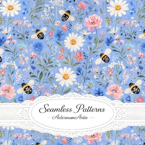 Può includere: Un motivo senza cuciture su sfondo azzurro con margherite bianche, peonie rosa, piccoli fiori blu e api nere e gialle. Un'etichetta ovale bianca con bordo decorativo mostra il testo Seamless Patterns AeternumArtis.