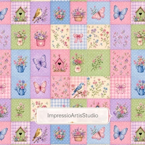 Könnte beinhalten: Ein Patchwork-Stoffmuster mit sich wiederholenden Quadraten, die Vögel, Schmetterlinge, Vogelhäuser, Blumentöpfe, Gießkannen, Schleifen und Blumenmotive in Pastellrosa, Blau, Grün und Lila zeigen, inklusive des Textes ImpressioArtisStudio.