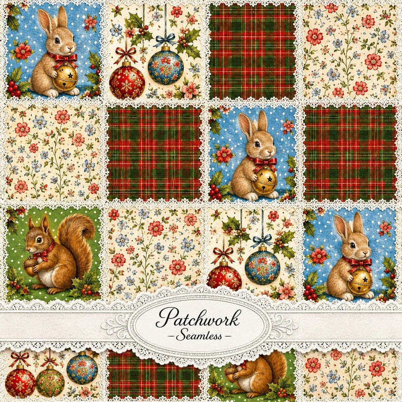 May include: A patchwork fabric design featuring repeating squares of brown rabbits holding gold bells, red and green plaid patterns, floral prints on cream backgrounds, and hanging Christmas ornaments, with the text Patchwork Seamless.
